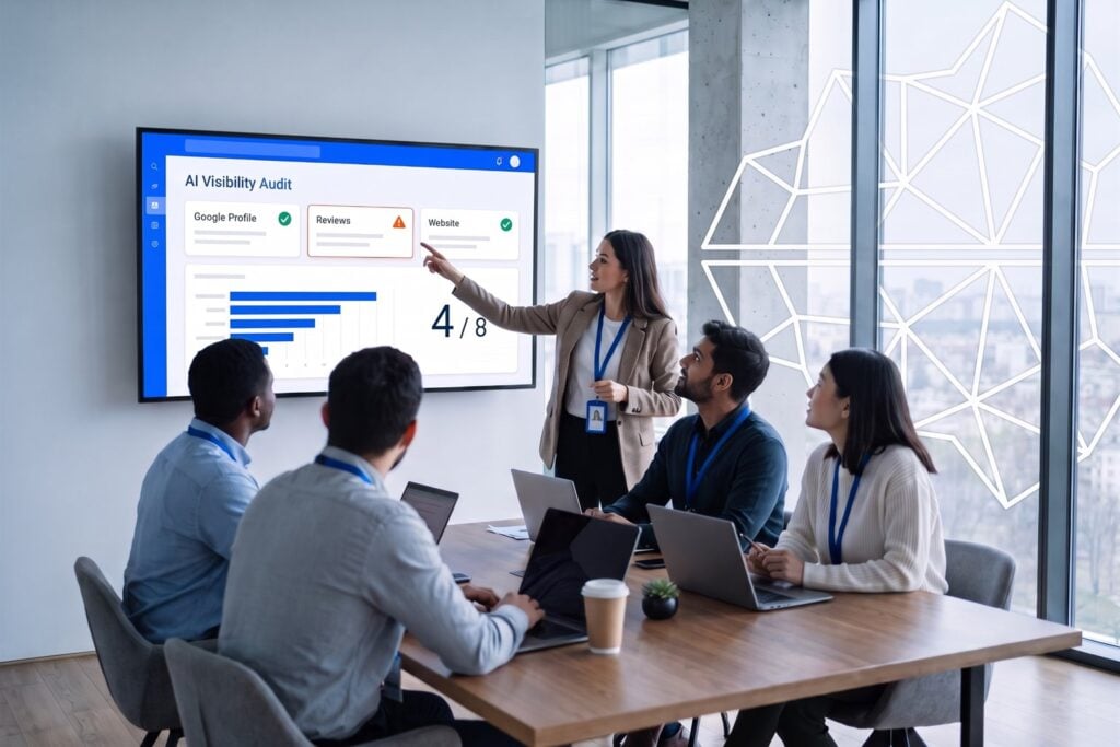 An agency team reviewing a client dashboard on a large screen